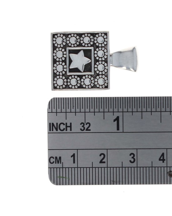 Star and Dots Antique Detail Square Pendant in Silver
